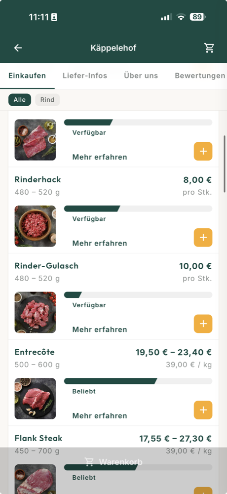 Bauerndiele-App: Sortiment des Käppelehofs mit Rinderhack, Gulasch und Steaks samt Preisen